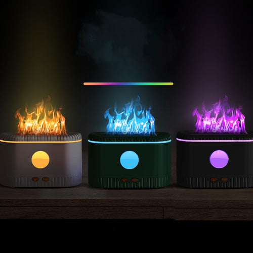 Humidificador con efecto llama encendido, niebla iluminada cálida