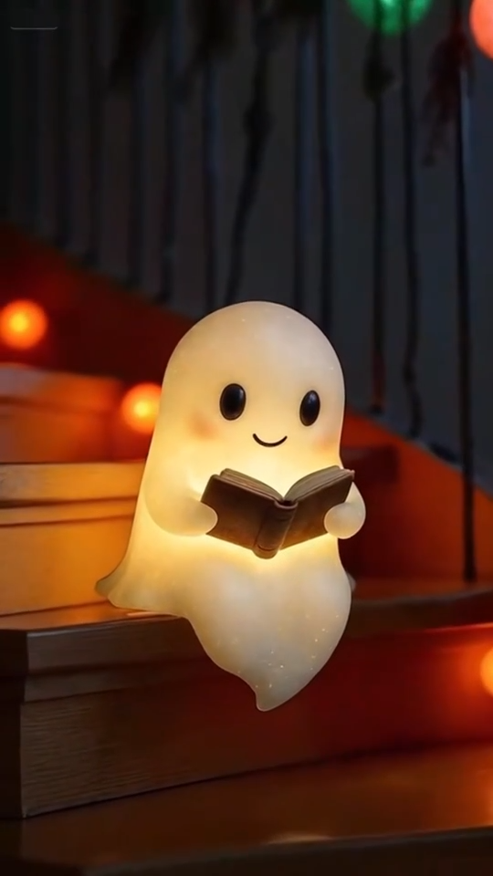 Fantasmita lector iluminado de noche en un rincón de lectura